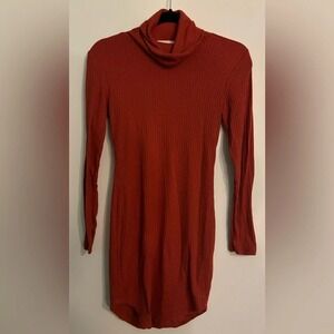 No Comment Womens Long Sleeve Turtleneck Rust‎ Waffle Weave Bodycon Dress Sz Sm